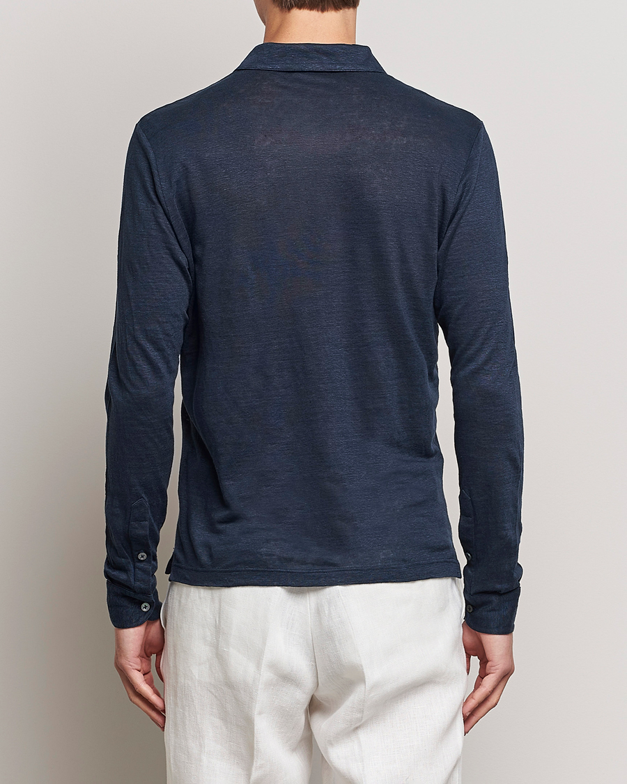 Hombres | Polos | Gran Sasso | Washed Linen Long Sleeve Polo Navy Melange