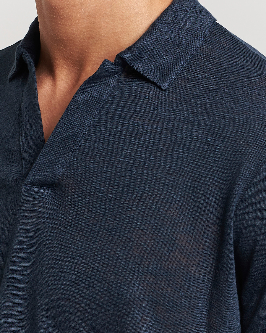Hombres | Polos | Gran Sasso | Washed Linen Long Sleeve Polo Navy Melange