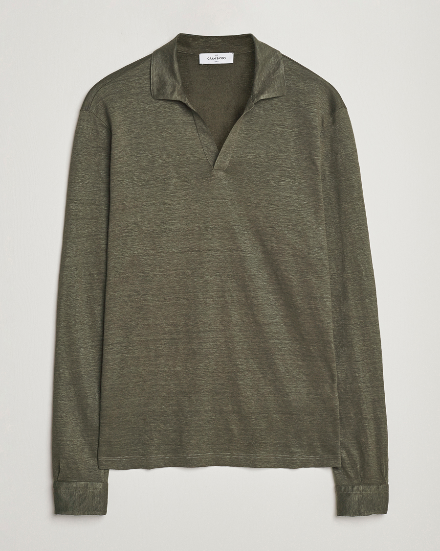 Hombres | Jerséis y prendas de punto | Gran Sasso | Washed Linen Long Sleeve Polo Dark Green