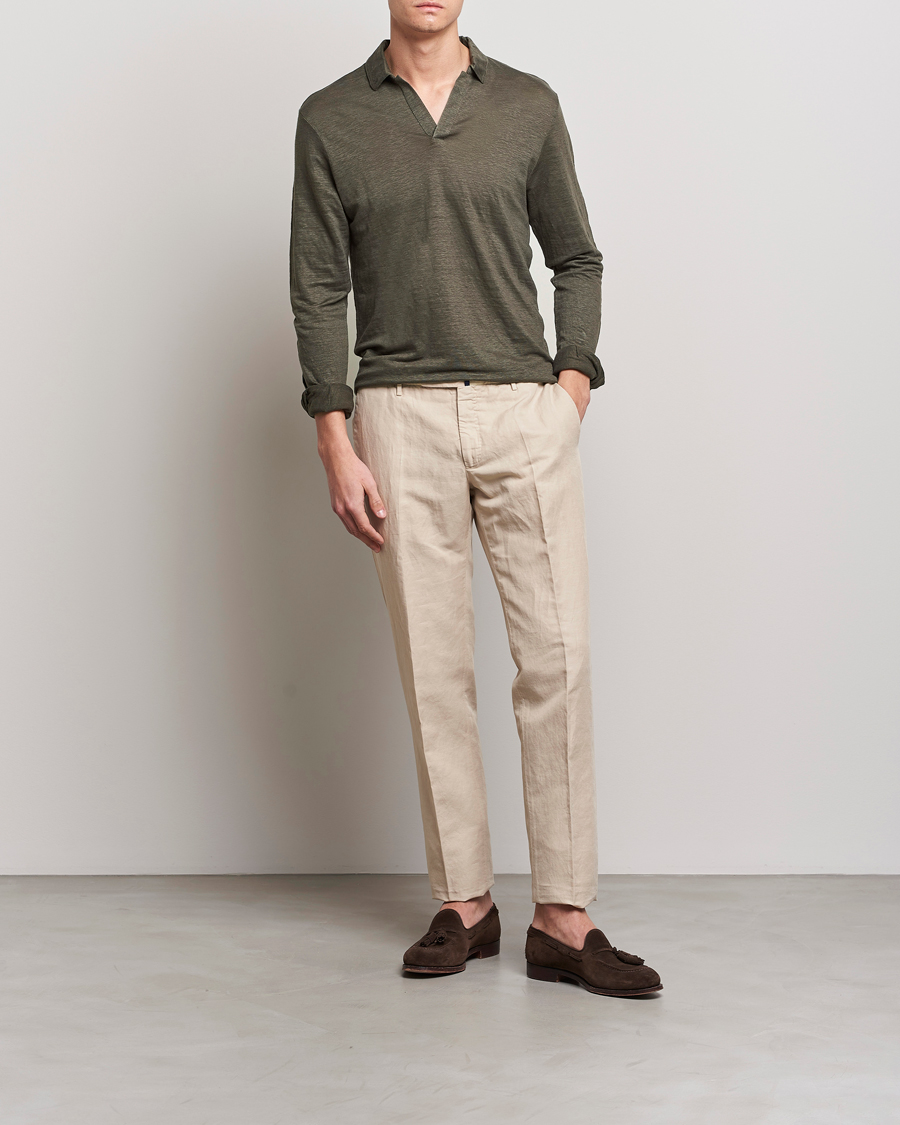 Hombres | Jerséis y prendas de punto | Gran Sasso | Washed Linen Long Sleeve Polo Dark Green