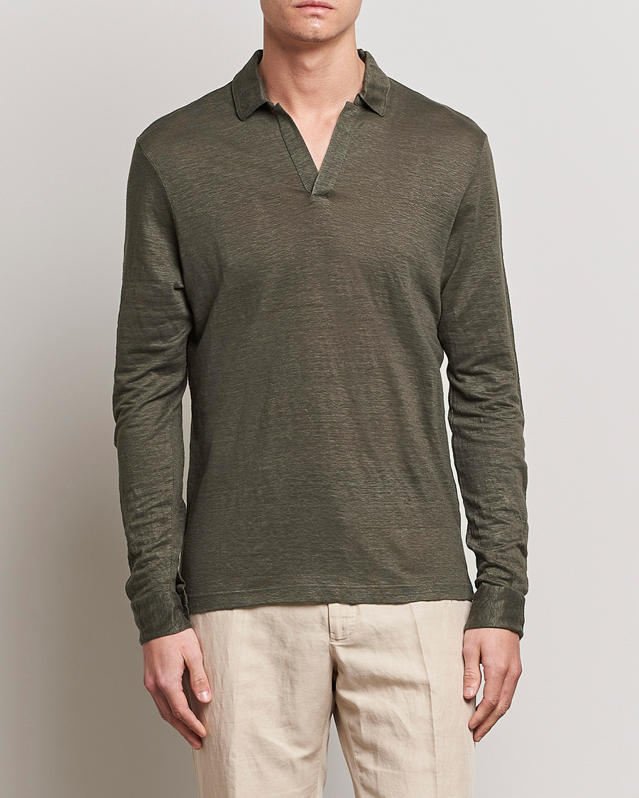 Hombres | Jerséis y prendas de punto | Gran Sasso | Washed Linen Long Sleeve Polo Dark Green