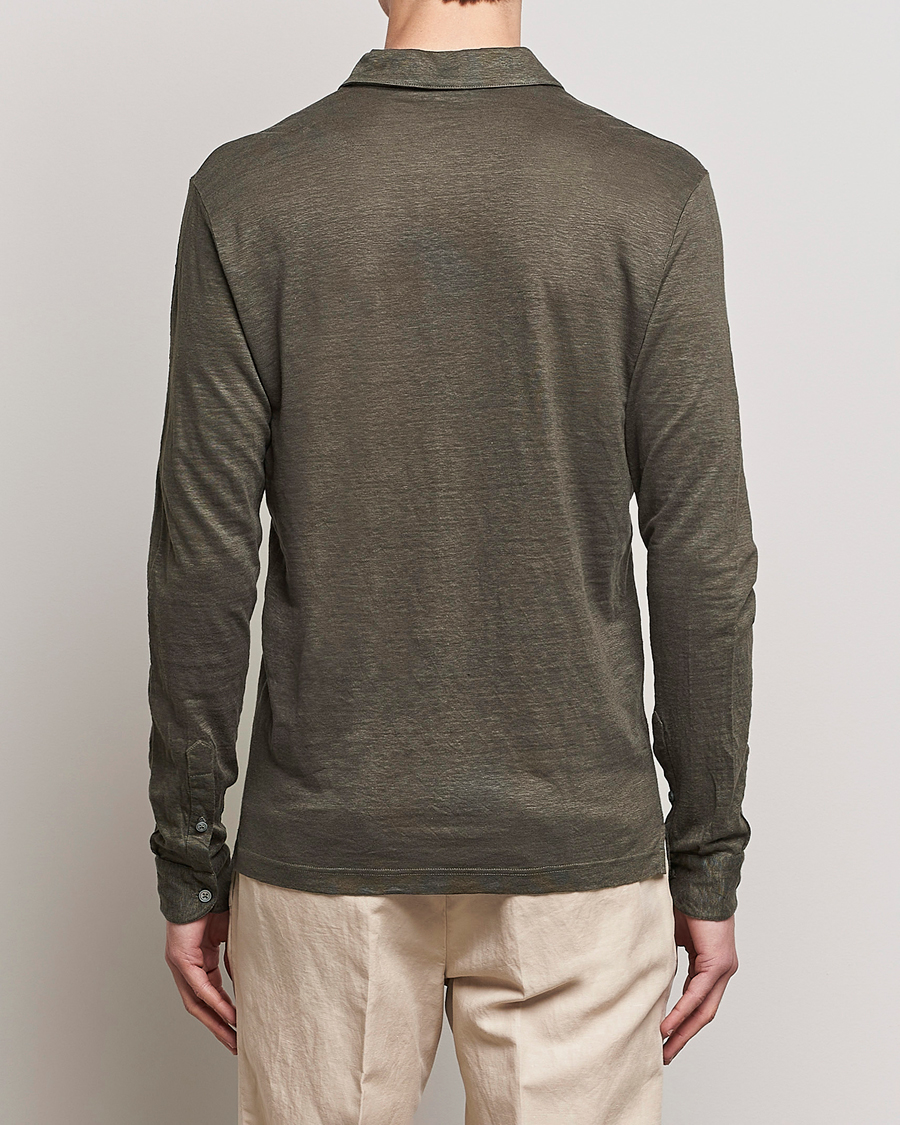 Hombres | Jerséis y prendas de punto | Gran Sasso | Washed Linen Long Sleeve Polo Dark Green