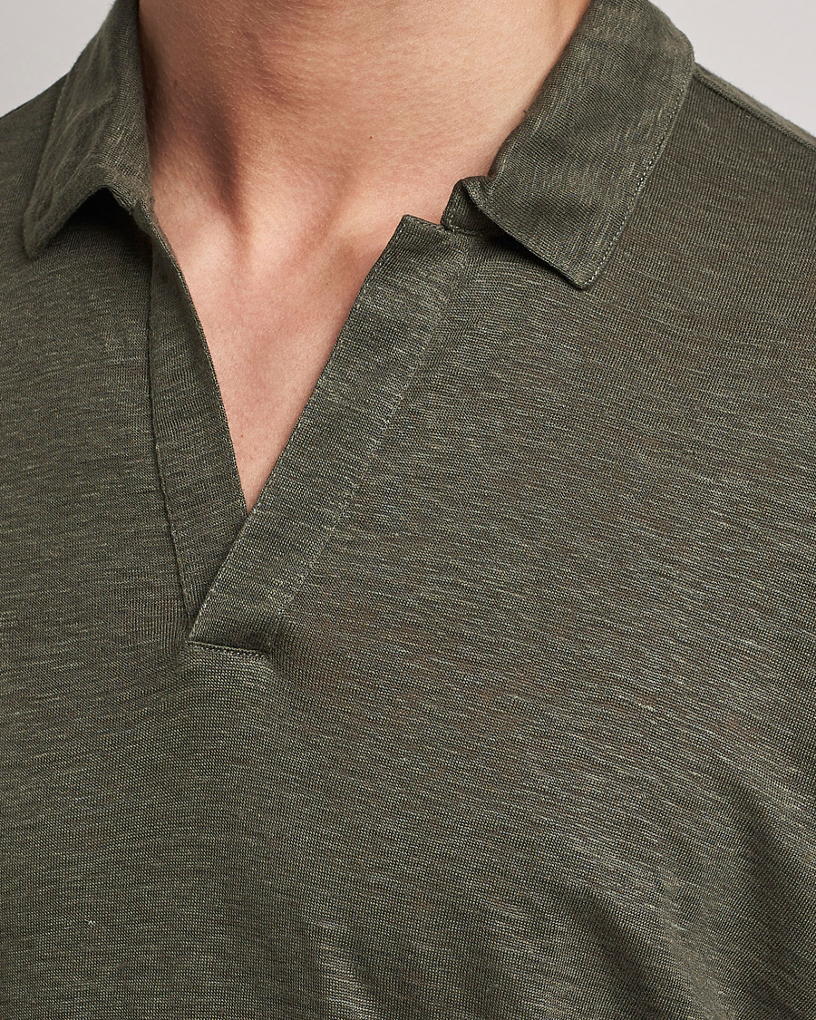 Hombres | Jerséis y prendas de punto | Gran Sasso | Washed Linen Long Sleeve Polo Dark Green