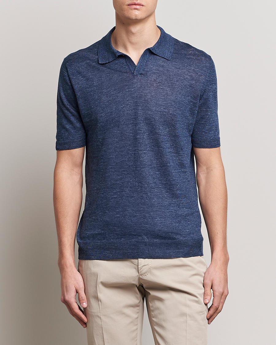 Hombres | Polos | Gran Sasso | Knitted Linen Polo Navy Melange