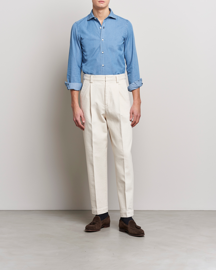 Hombres | Camisas | Finamore Napoli | Milano Slim Denim Shirt Light Indigo