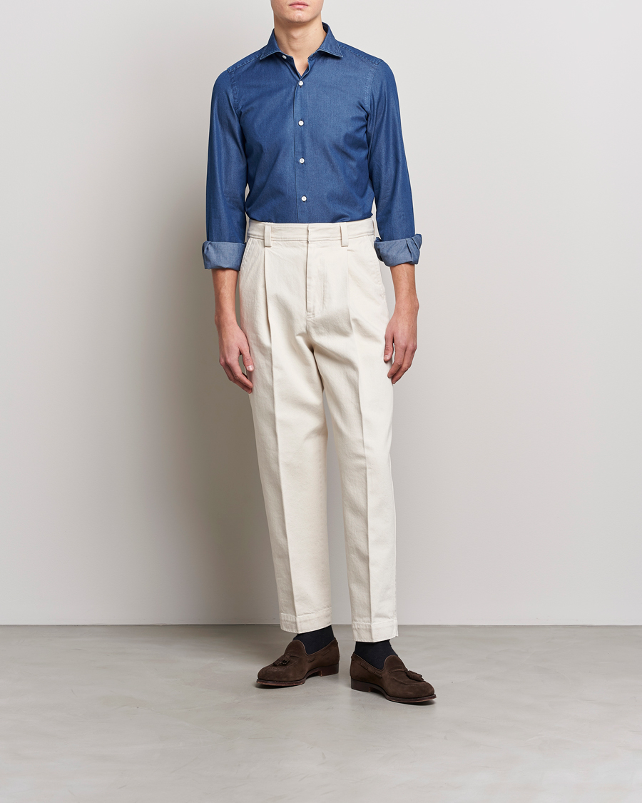 Hombres | Camisas | Finamore Napoli | Milano Slim Denim Shirt Dark Indigo