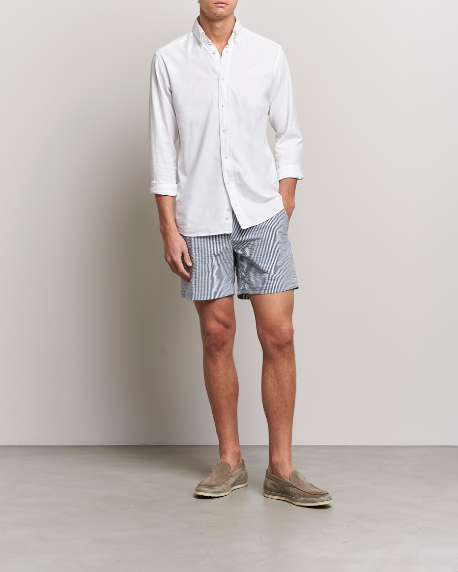 Hombres | Bañadores | The Resort Co | Tailored Swim Shorts Navy Stripe Seersucker