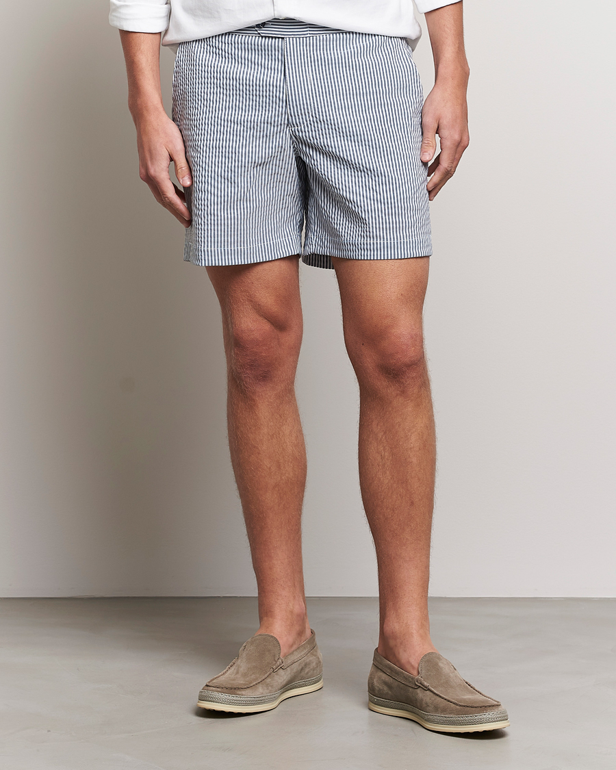 Hombres | Bañadores | The Resort Co | Tailored Swim Shorts Navy Stripe Seersucker