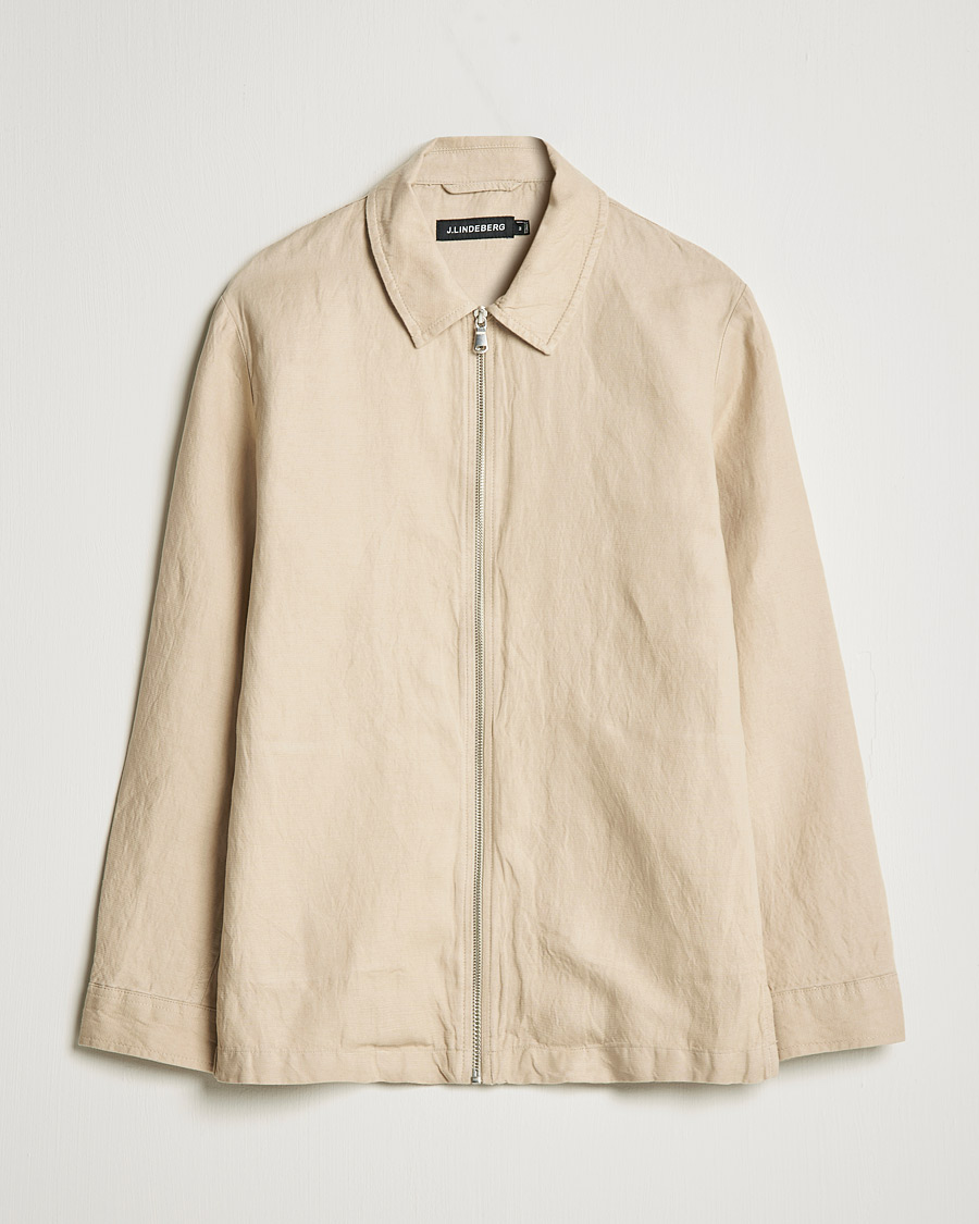 Hombres | Camisas | J.Lindeberg | Jason Zip Linen Shirt Jacket Safari Beige