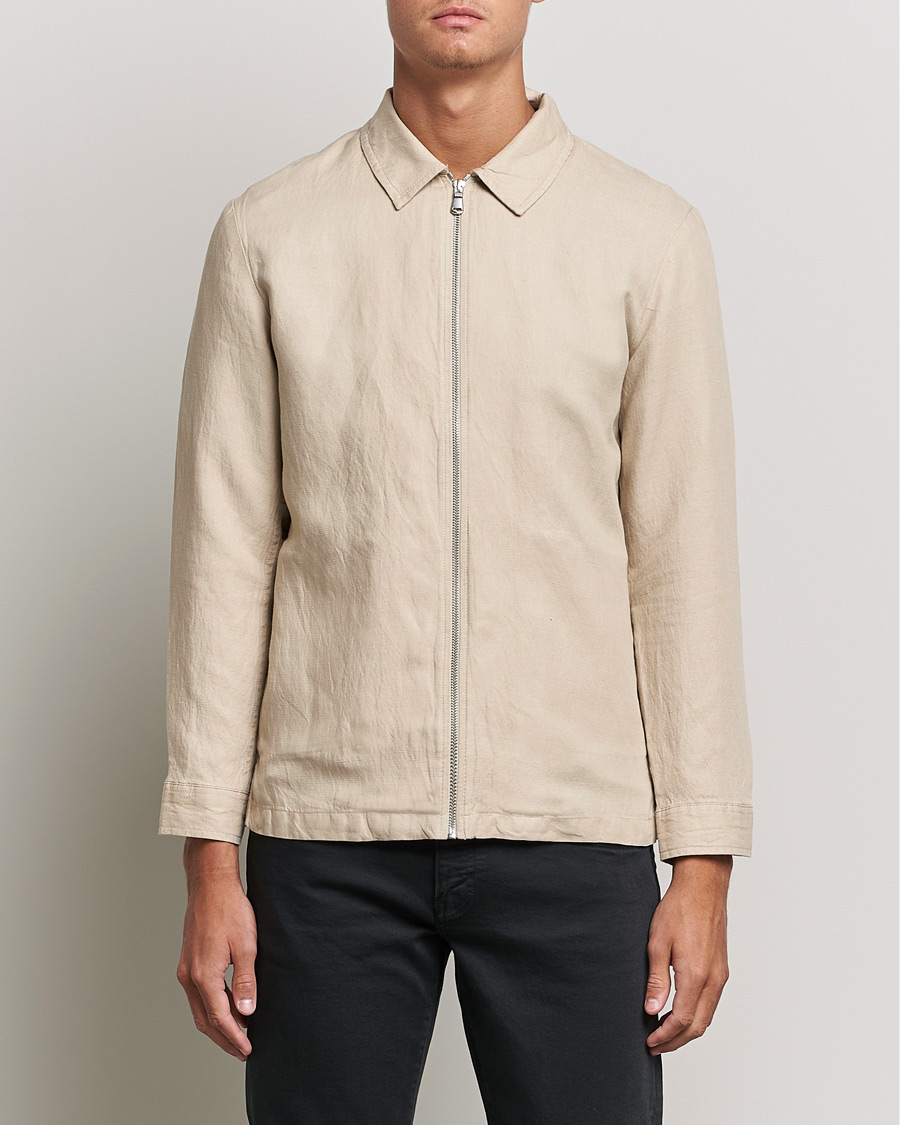 Hombres | Camisas | J.Lindeberg | Jason Zip Linen Shirt Jacket Safari Beige