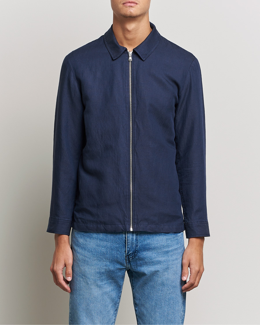 Hombres | Abrigos y chaquetas | J.Lindeberg | Jason Zip Linen Shirt Jacket Navy