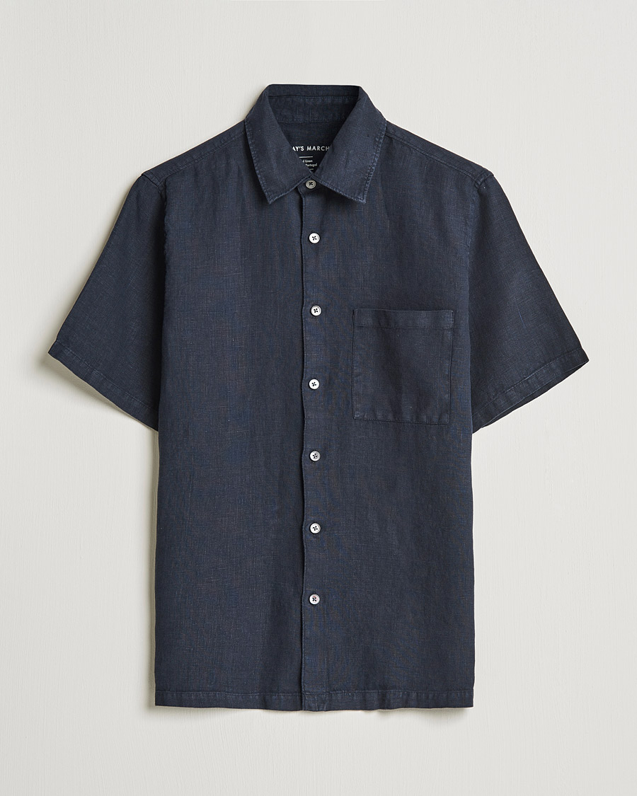 Hombres | Camisas | A Day's March | Khito Short Sleeve Linen Shirt Dark Navy