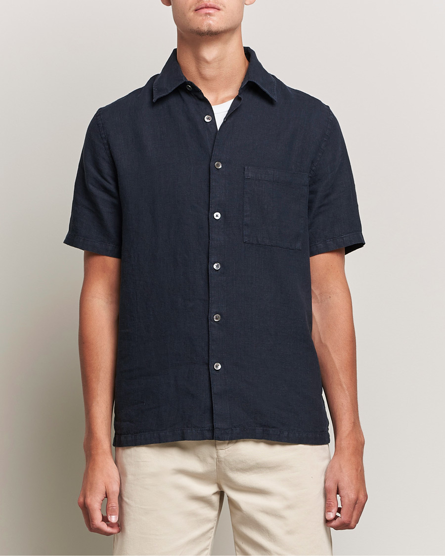 Hombres | Camisas | A Day's March | Khito Short Sleeve Linen Shirt Dark Navy