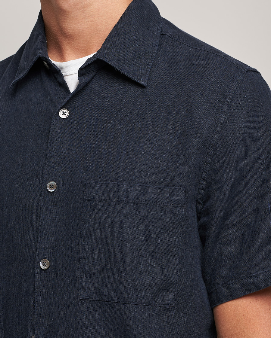 Hombres | Camisas | A Day's March | Khito Short Sleeve Linen Shirt Dark Navy