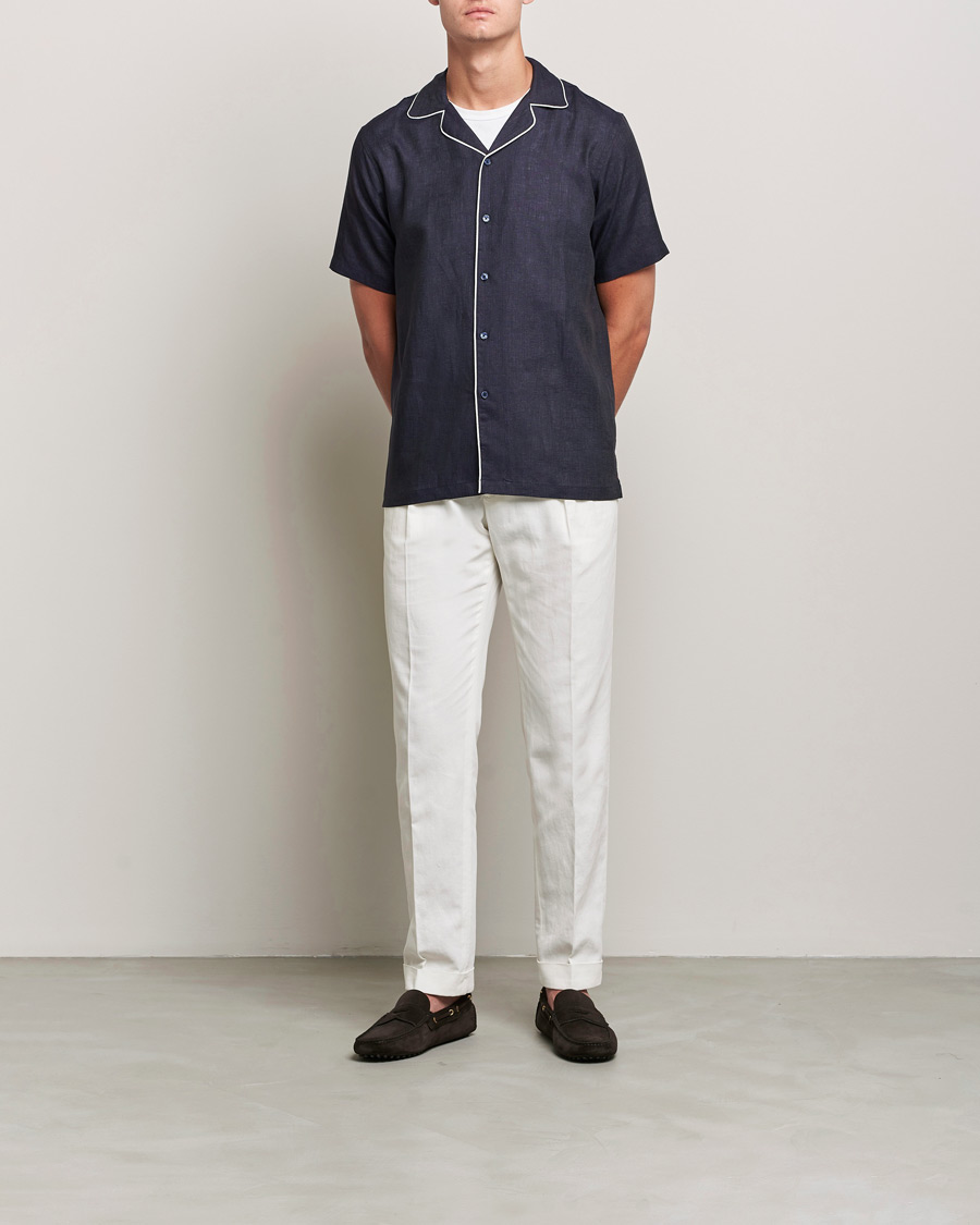 Hombres | Camisas | Orlebar Brown | Hibbert Short Sleeve Linen Shirt Navy