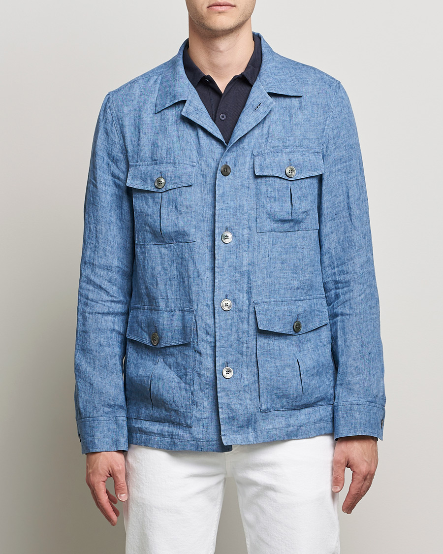 Hombres | Camisas | Oscar Jacobson | Safari Linen Shirt Jacket Smog Blue