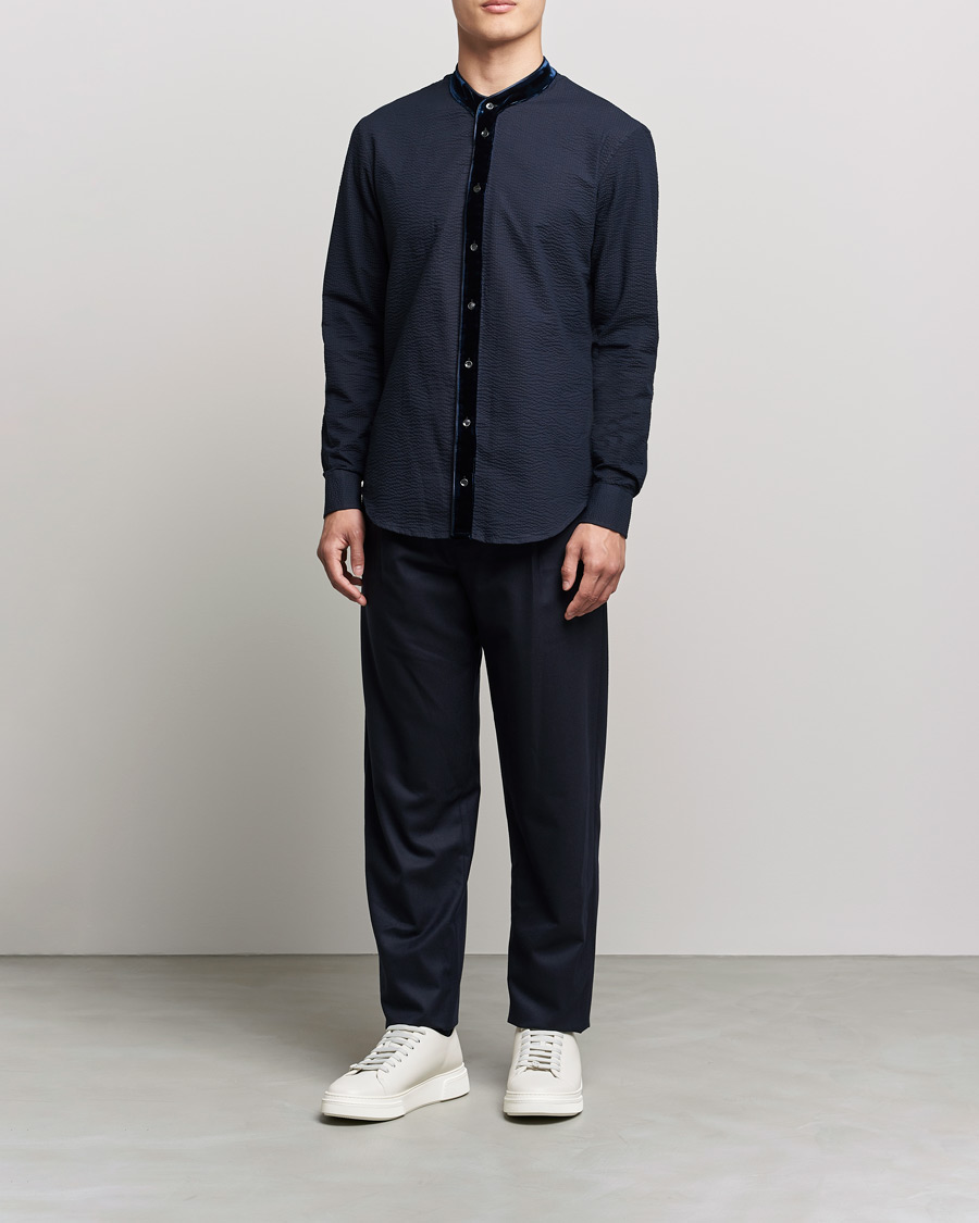 Hombres | Camisas | Giorgio Armani | Seersucker Velvet Guru Collar Shirt Navy