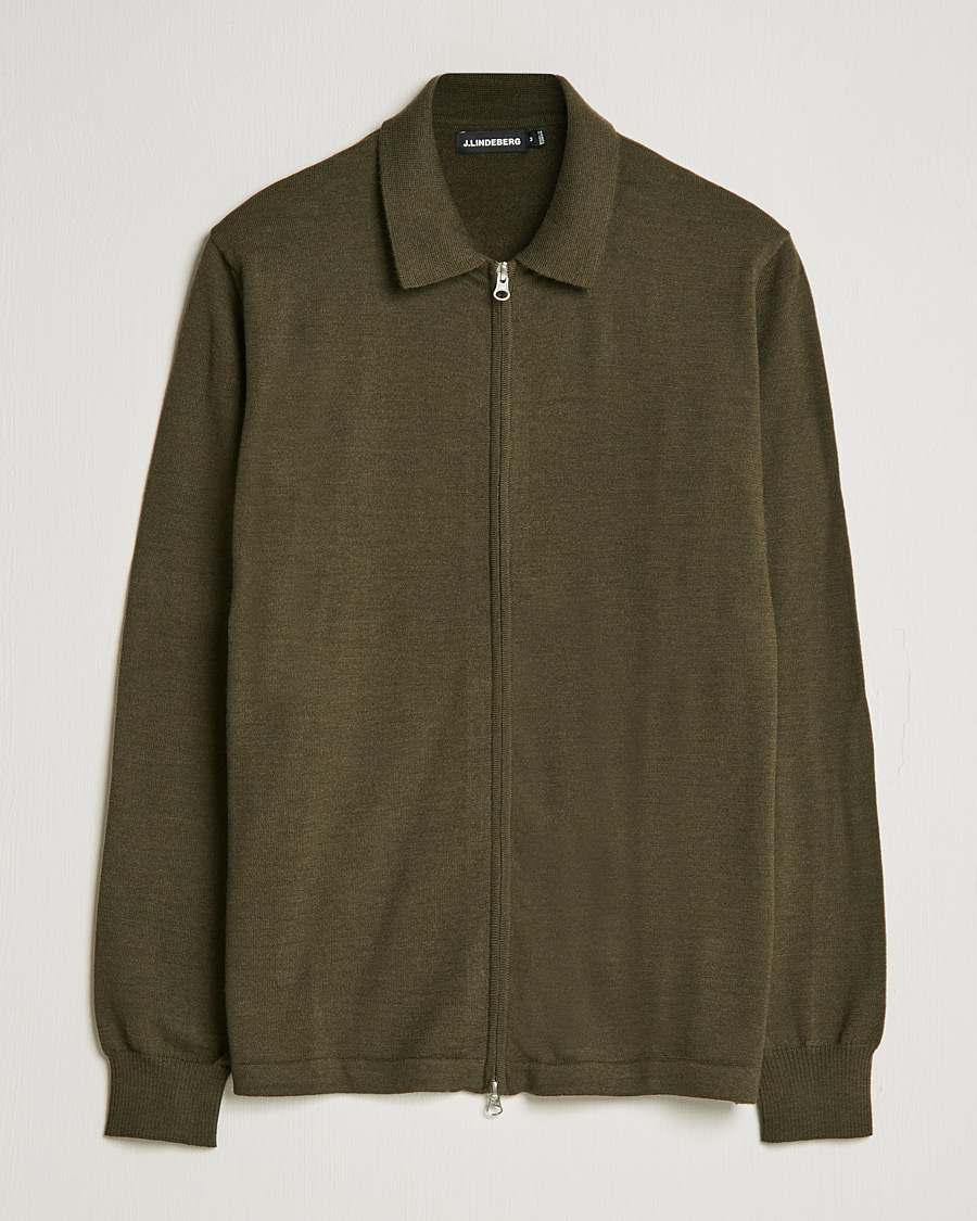 Hombres | Jerséis y prendas de punto | J.Lindeberg | Nyle True Merino Zip Cardigan Forest Green