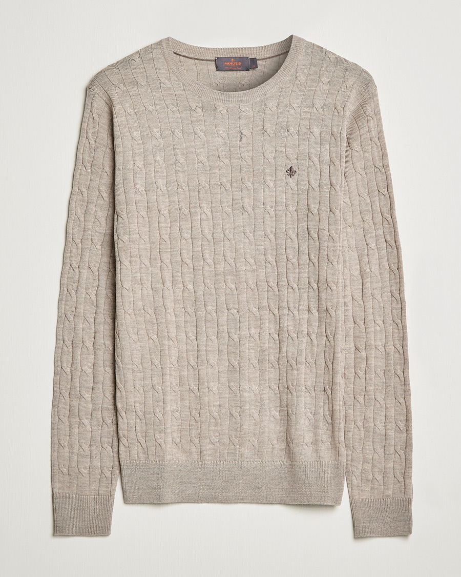 Hombres | Jerséis y prendas de punto | Morris | Merino Cable Crew Neck Khaki Melange