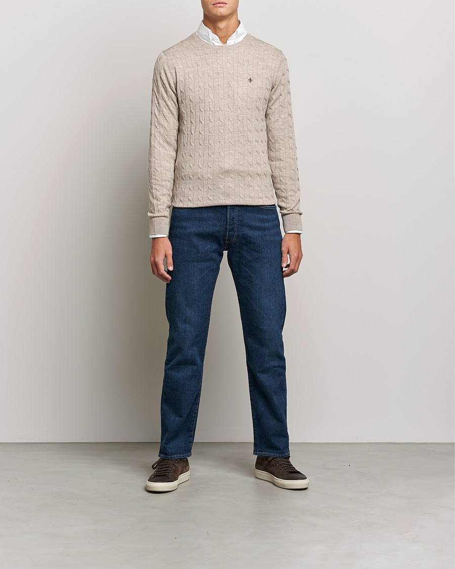 Hombres | Jerséis y prendas de punto | Morris | Merino Cable Crew Neck Khaki Melange