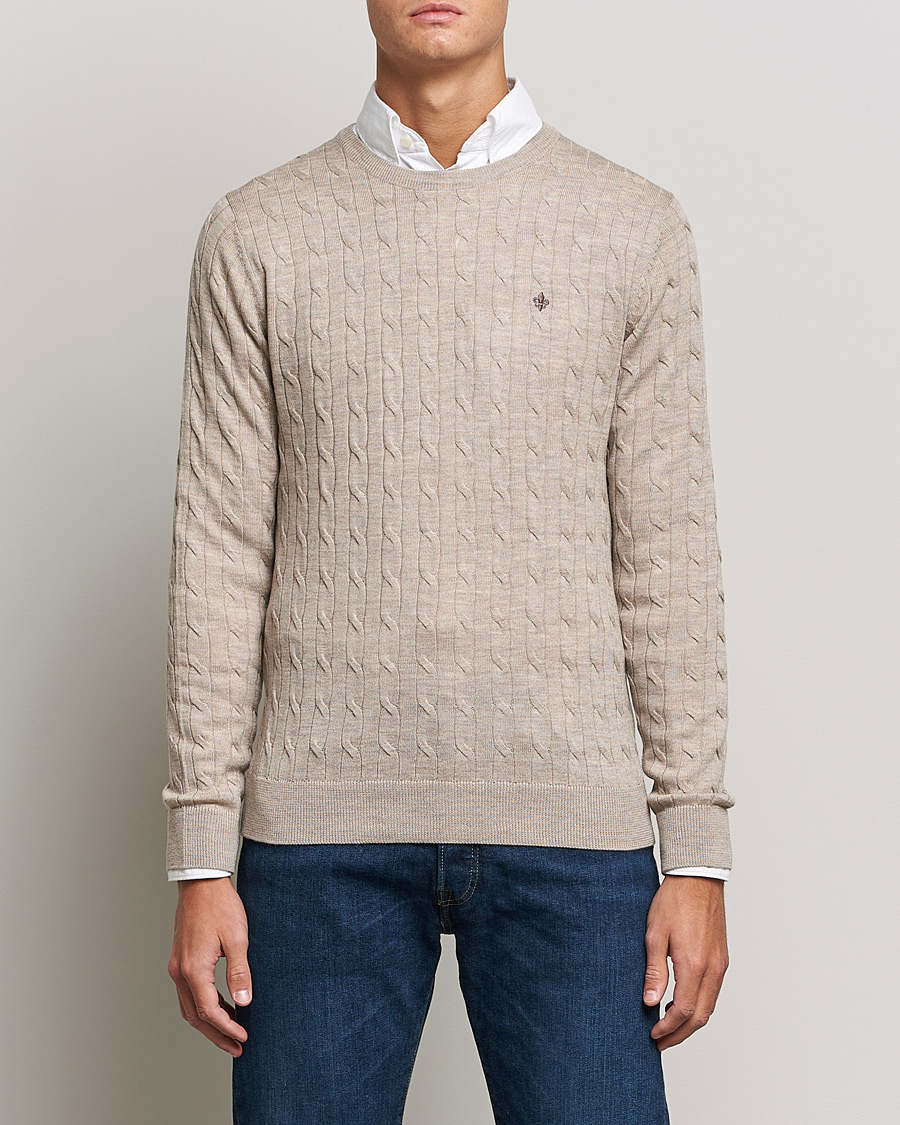 Hombres | Jerséis y prendas de punto | Morris | Merino Cable Crew Neck Khaki Melange
