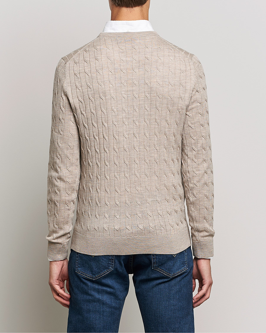 Hombres | Jerséis y prendas de punto | Morris | Merino Cable Crew Neck Khaki Melange