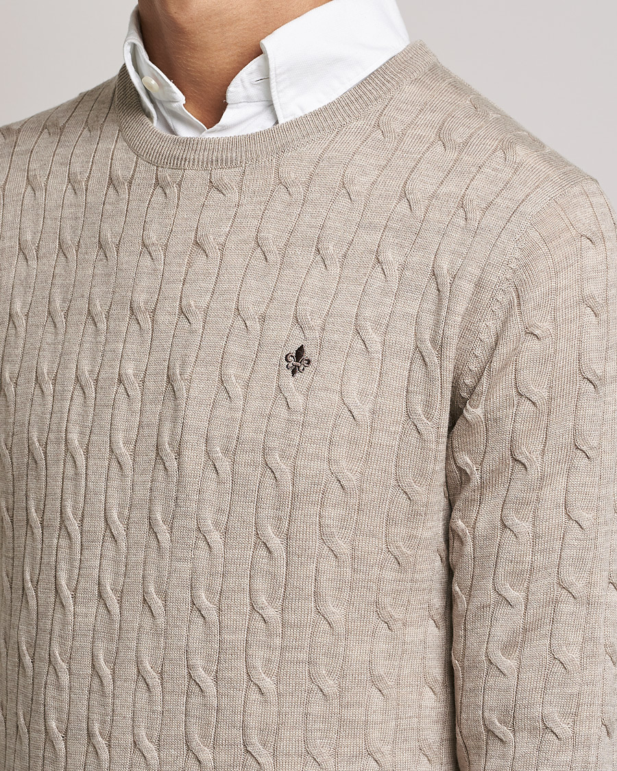 Hombres | Jerséis y prendas de punto | Morris | Merino Cable Crew Neck Khaki Melange
