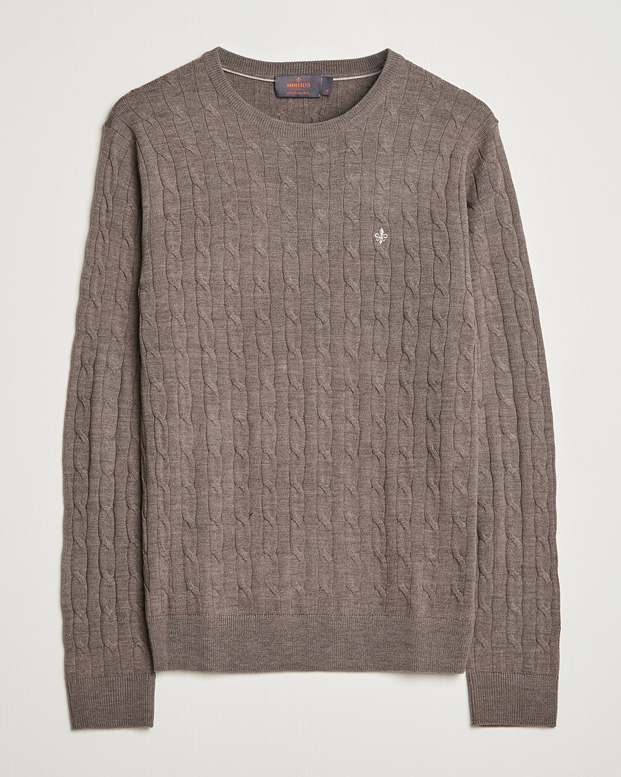 Hombres | Jerséis y prendas de punto | Morris | Merino Cable Crew Neck Light Brown