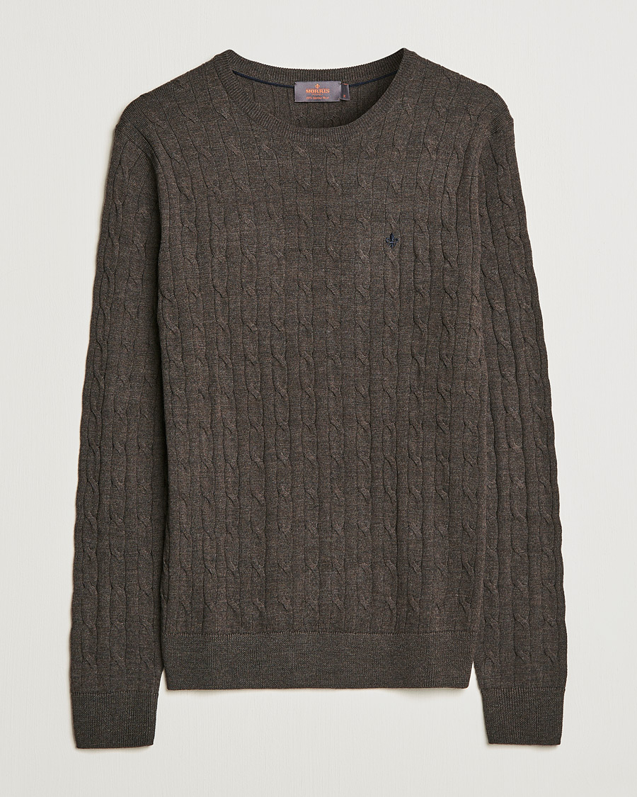 Hombres | Jerséis y prendas de punto | Morris | Merino Cable Crew Neck Dark Brown