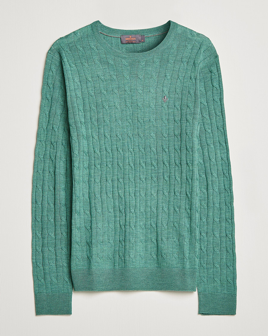 Hombres | Jerséis y prendas de punto | Morris | Merino Cable Crew Neck Pullover Mineral Green