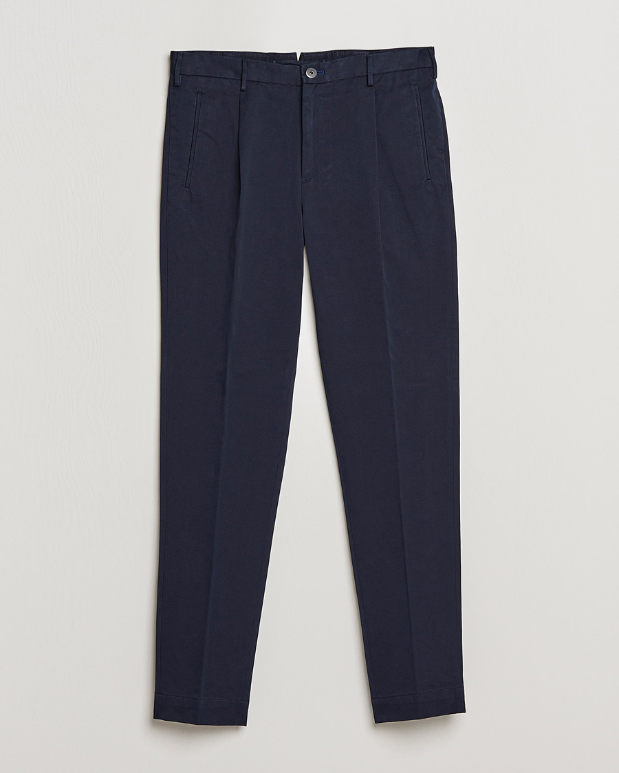 Hombres | Pantalones | Incotex | Pleated Cotton Stretch Chinos Navy