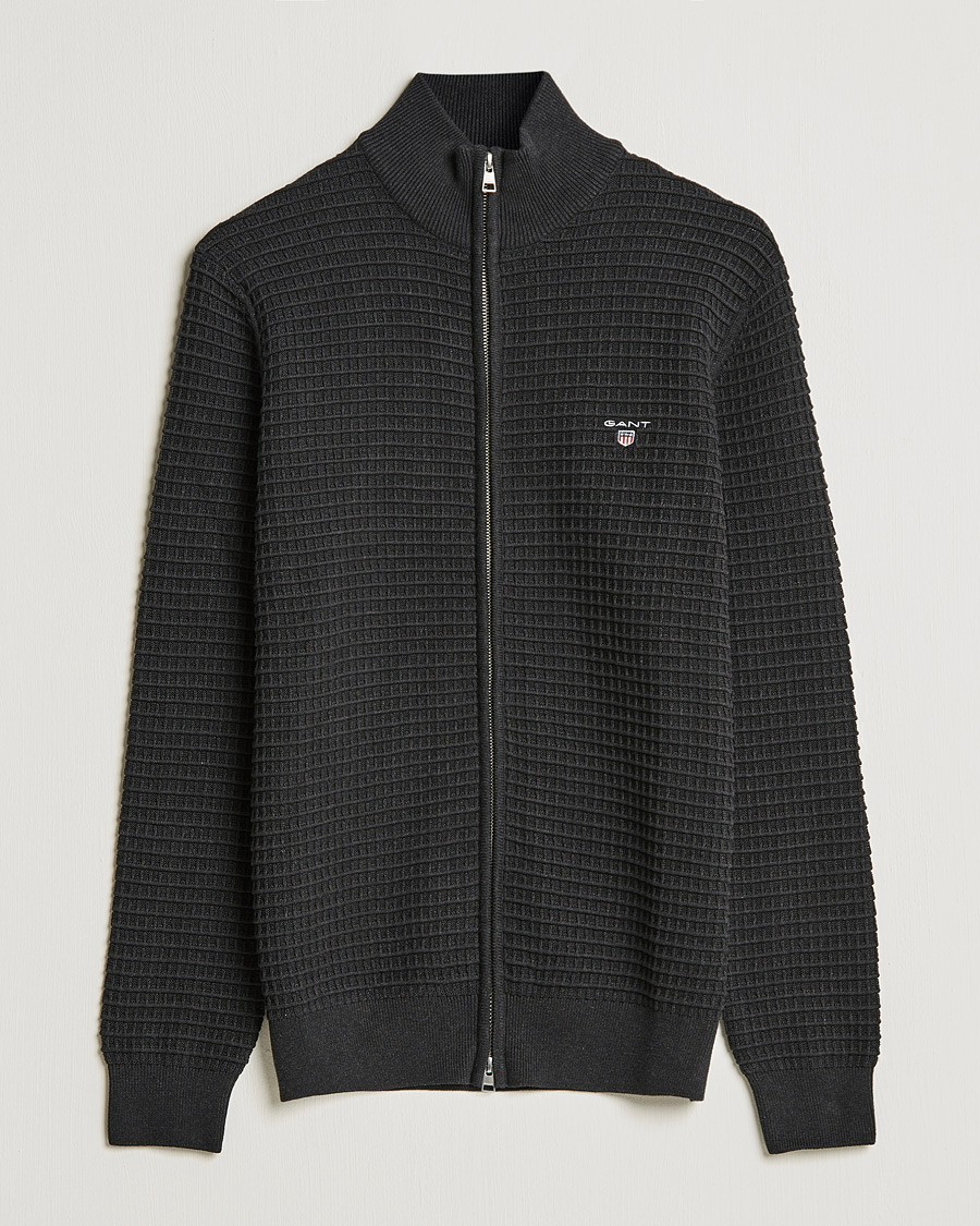 Hombres | Jerséis y prendas de punto | Gant | Cotton Texture Full Zip Dark Charcoal Melange