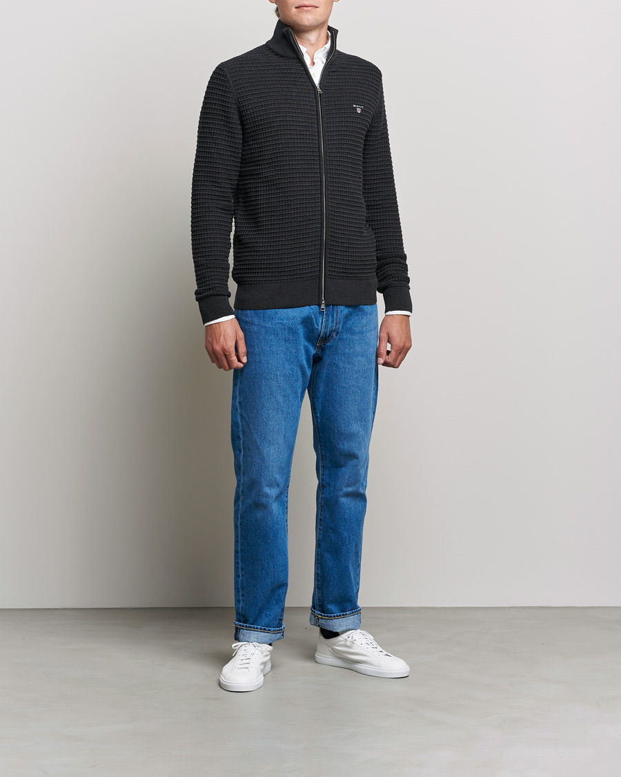 Hombres | Jerséis y prendas de punto | Gant | Cotton Texture Full Zip Dark Charcoal Melange