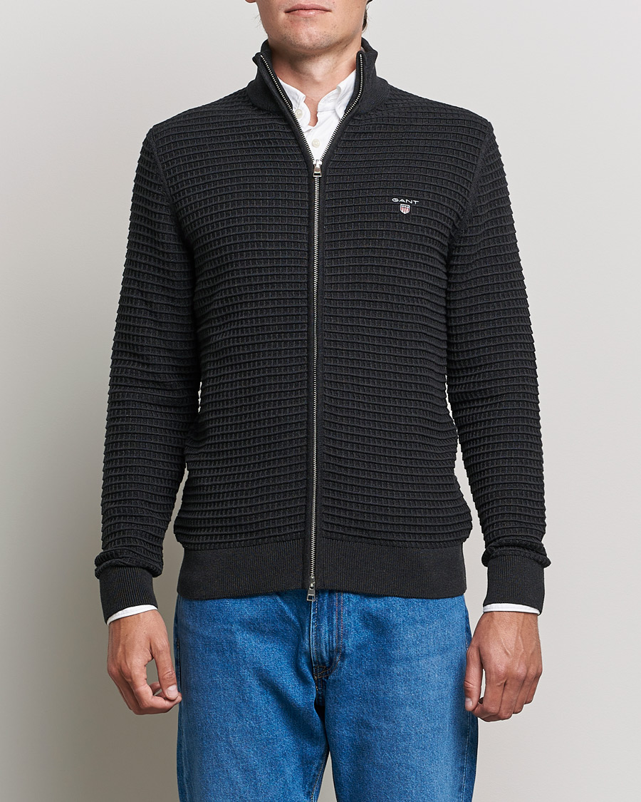 Hombres | Jerséis y prendas de punto | Gant | Cotton Texture Full Zip Dark Charcoal Melange