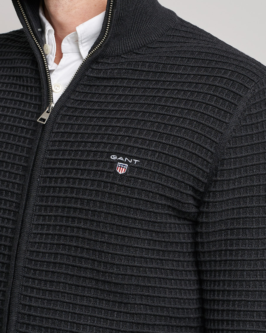 Hombres | Jerséis y prendas de punto | Gant | Cotton Texture Full Zip Dark Charcoal Melange