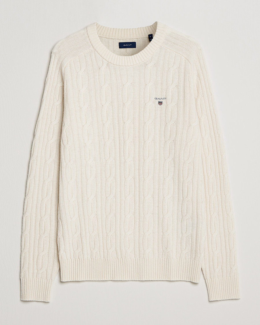 Hombres | Jerséis y prendas de punto | GANT | Lambswool Cable Crew Neck Pullover Cream