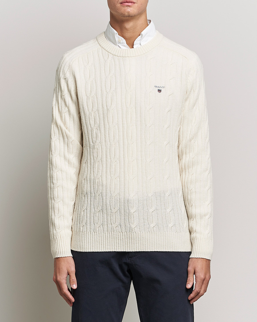 Hombres | Jerséis y prendas de punto | GANT | Lambswool Cable Crew Neck Pullover Cream