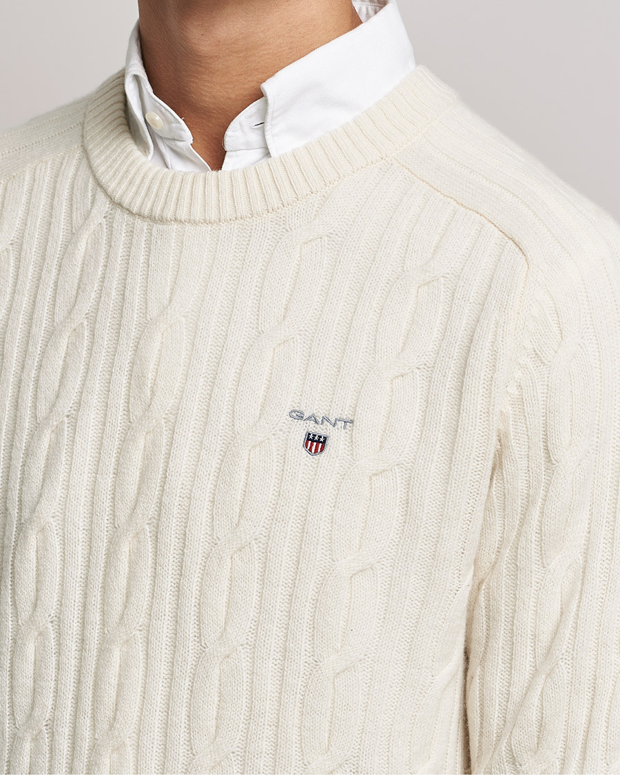 Hombres | Jerséis y prendas de punto | GANT | Lambswool Cable Crew Neck Pullover Cream