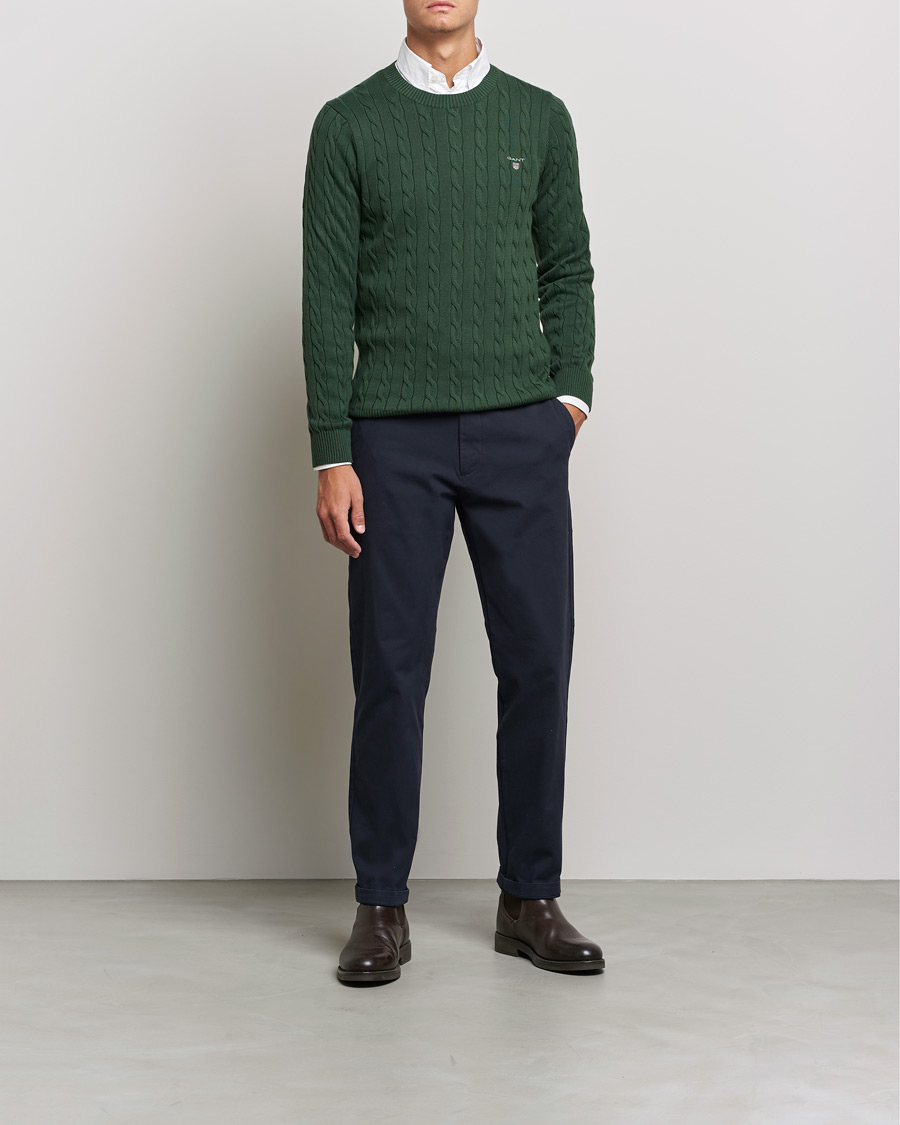 Hombres | Jerséis y prendas de punto | GANT | Cotton Cable Crew Neck Pullover Storm Green