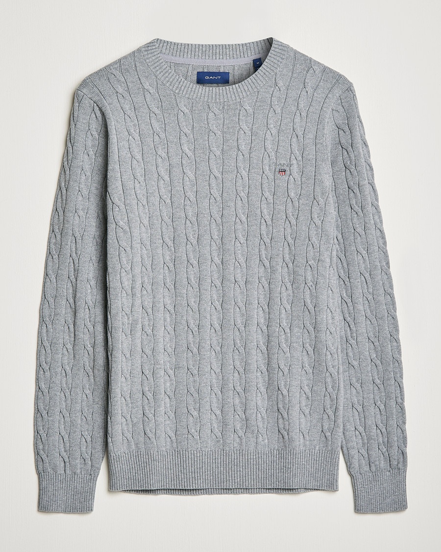 Hombres | Jerséis y prendas de punto | GANT | Cotton Cable Crew Neck Pullover Grey Melange