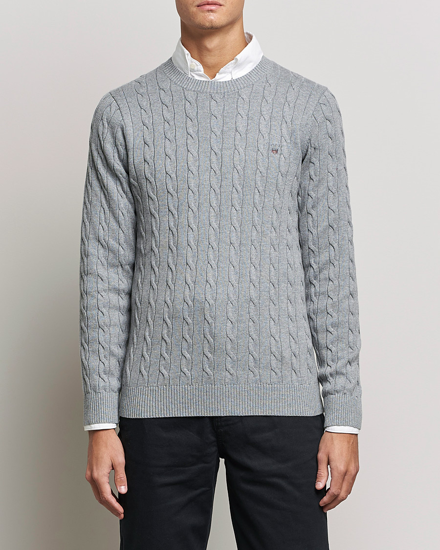 Hombres | Jerséis y prendas de punto | GANT | Cotton Cable Crew Neck Pullover Grey Melange