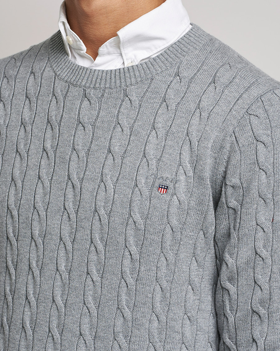 Hombres | Jerséis y prendas de punto | GANT | Cotton Cable Crew Neck Pullover Grey Melange