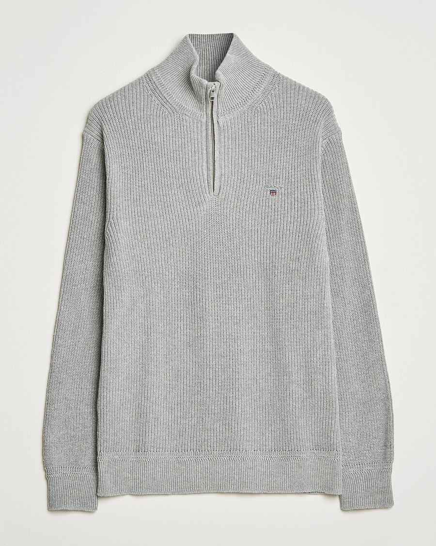 Hombres | Jerséis y prendas de punto | GANT | Cotton/Wool Ribbed Half Zip Sweater Grey Melange