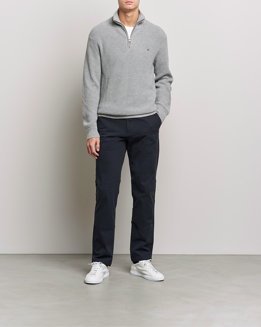 Hombres | Jerséis y prendas de punto | GANT | Cotton/Wool Ribbed Half Zip Sweater Grey Melange