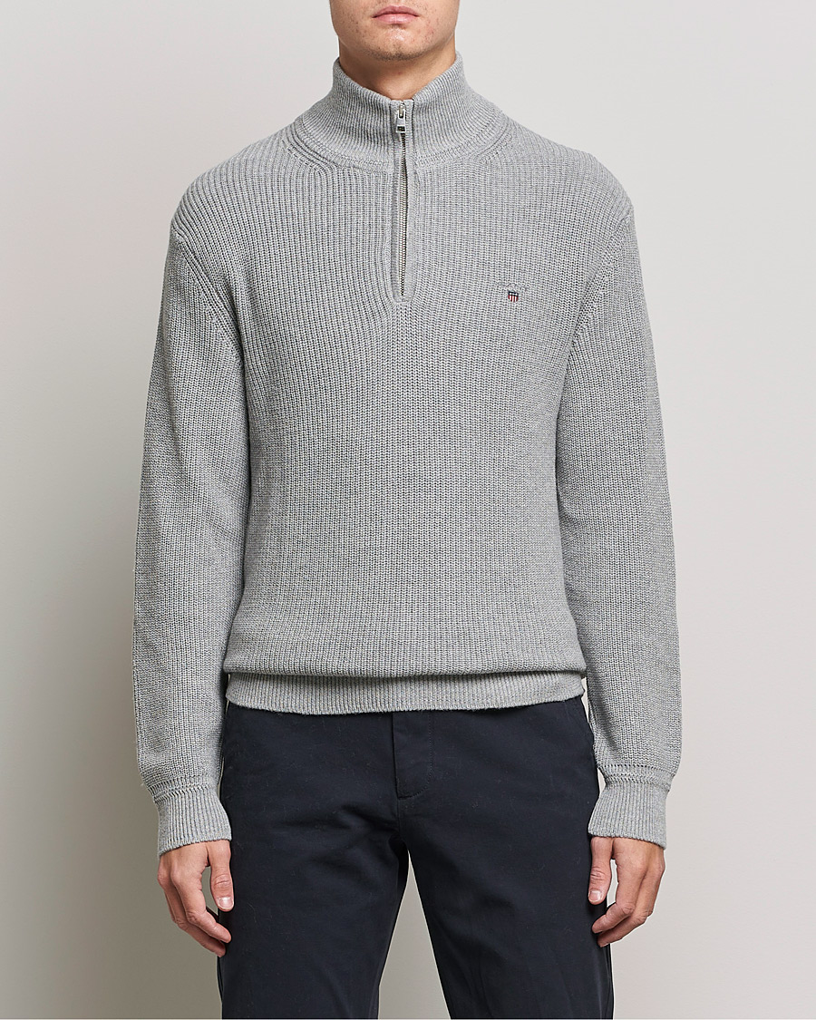 Hombres | Jerséis y prendas de punto | GANT | Cotton/Wool Ribbed Half Zip Sweater Grey Melange