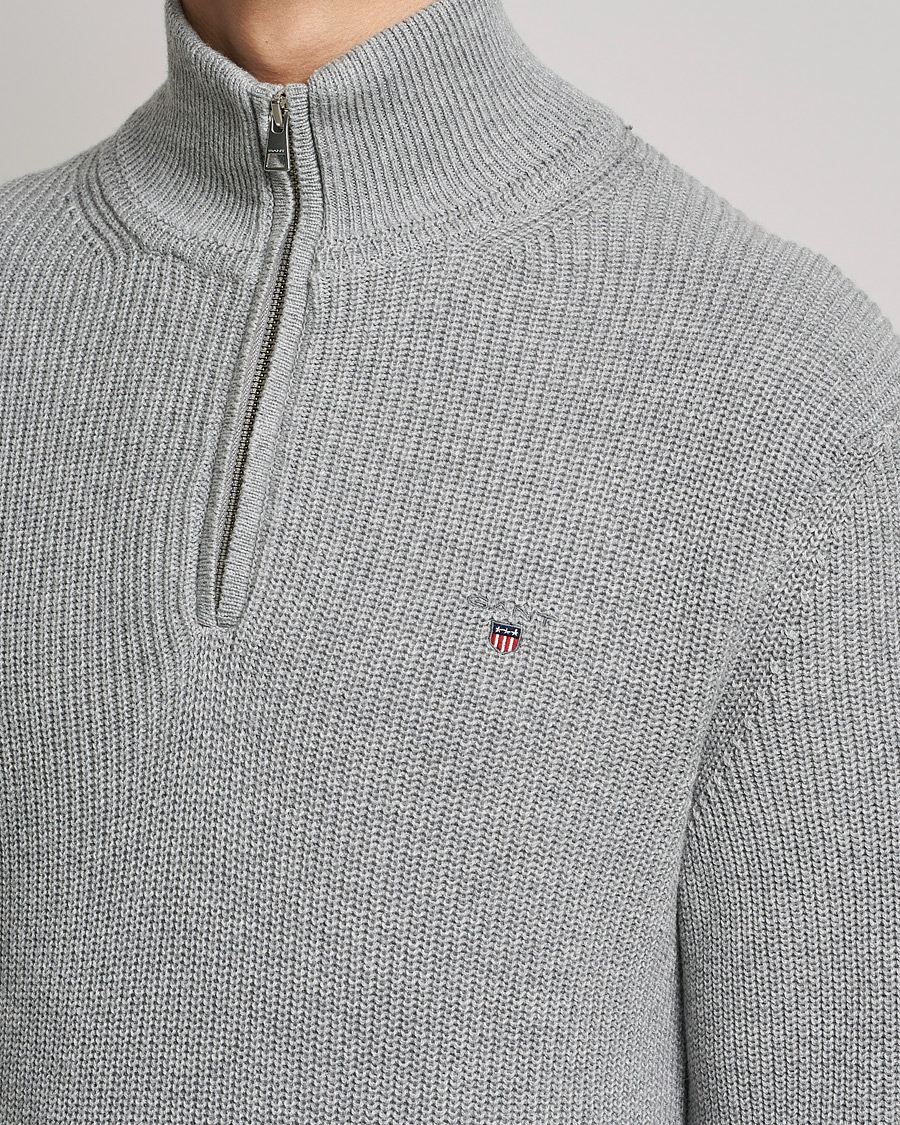 Hombres | Jerséis y prendas de punto | GANT | Cotton/Wool Ribbed Half Zip Sweater Grey Melange