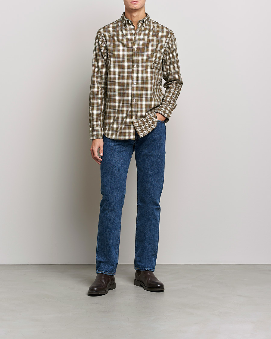 Hombres | Camisas | GANT | Regular Fit Flannel Checked Shirt Army Green