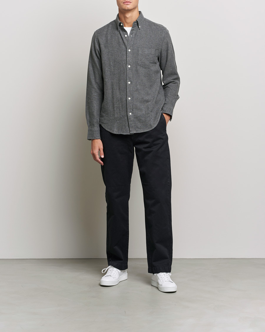 Hombres | Camisas | GANT | Regular Fit Flannel Herringbone Shirt Charcoal Melange