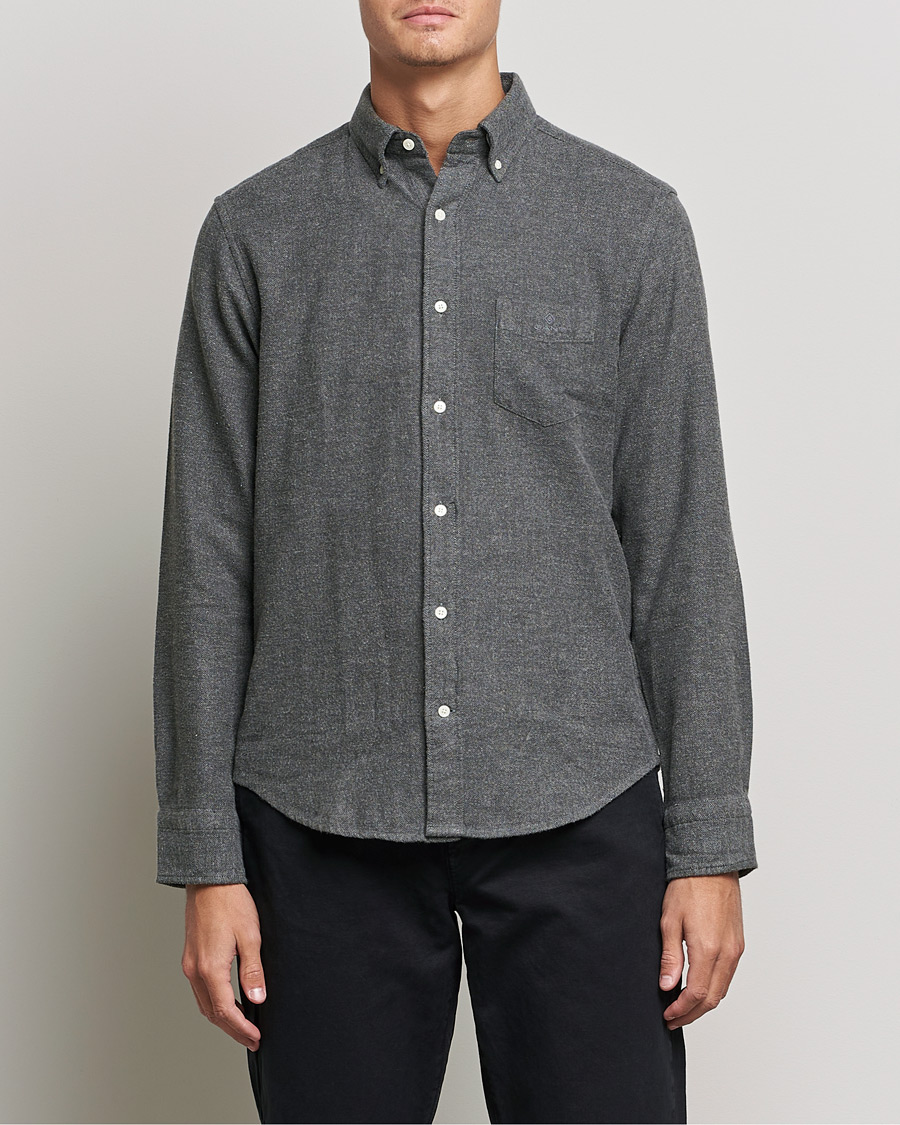 Hombres | Camisas | GANT | Regular Fit Flannel Herringbone Shirt Charcoal Melange
