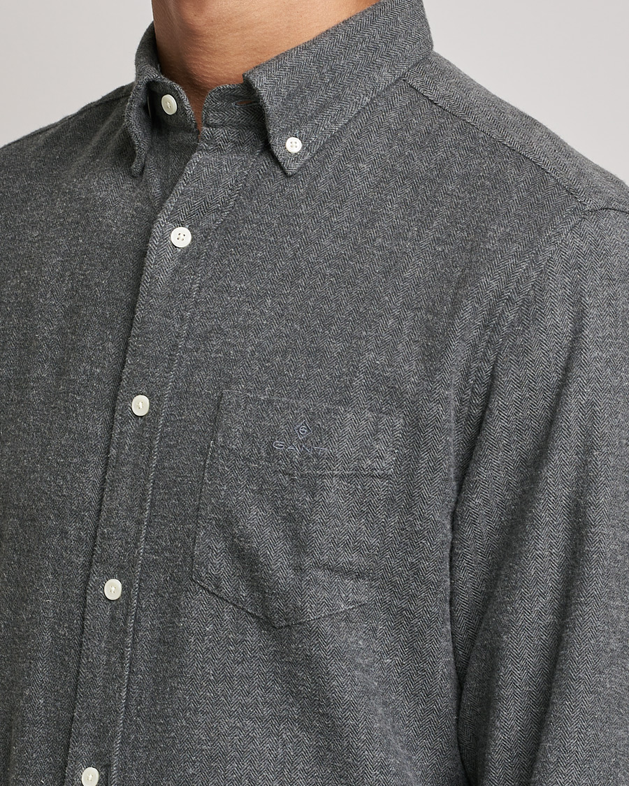 Hombres | Camisas | GANT | Regular Fit Flannel Herringbone Shirt Charcoal Melange